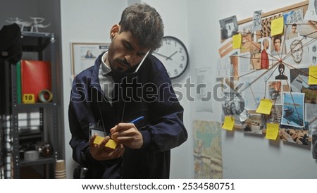 A young hispanic man takes notes in a detective's office, surrounded by investigation boards and a wall clock.
