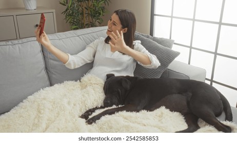 A young hispanic woman having a video call in a cozy urban living room with her labrador dog resting beside her on the couch. - Powered by Shutterstock