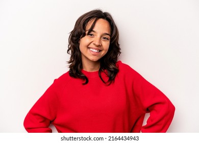 Young Hispanic Woman Isolated On White Background Confident Keeping Hands On Hips.