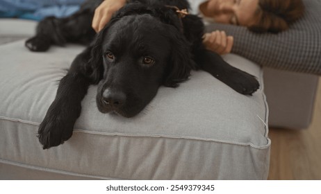 A young hispanic woman lying down in her living room with her black labrador dog resting on the sofa, showcasing a cozy home interior setting. - Powered by Shutterstock