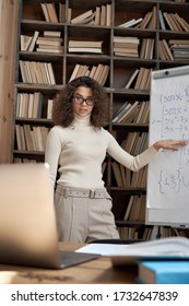 Young Hispanic Woman Professional Tutor Teaching Math Class Explaining Remote Course Lesson. Latin Female College Teacher Conferencing Webcam Zoom Online Video Call Virtual Computer Lecture Concept.