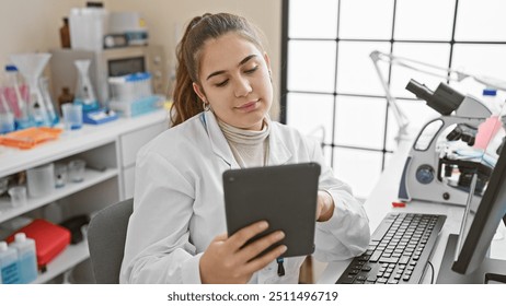 A young hispanic woman scientist analyzes data on a tablet in a laboratory setting, representing technology and healthcare. - Powered by Shutterstock