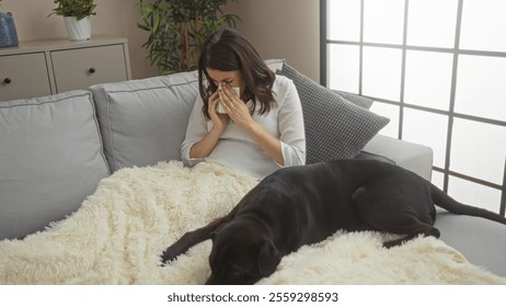 A young hispanic woman sits on a couch indoors, sneezing into a tissue, with a black labrador dog resting beside her in an urban apartment. - Powered by Shutterstock