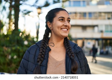 Young Hispanic Woman Smiling Confident Standing At Street