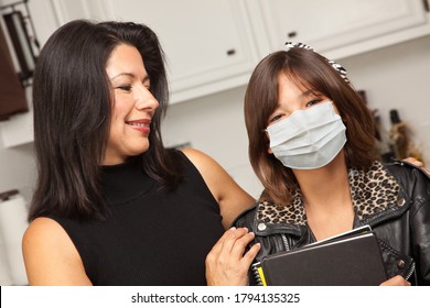 Young Hispanic Woman Student With Mother At Home Getting Ready For School Wearing Medical Face Mask.