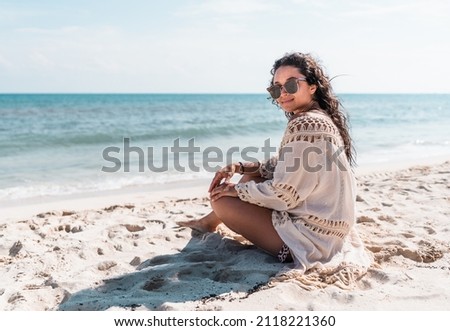 Similar – Image, Stock Photo Thoughtful latin woman on the beach