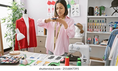 Young hispanic woman using smartphone in her tailoring workshop filled with fashion designs and sewing accessories. - Powered by Shutterstock