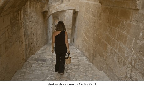 A young hispanic woman walks through the charming old town of matera, basilicata, italy, holding a basket along the narrow, stone-paved alleyway with ancient walls on both sides. - Powered by Shutterstock
