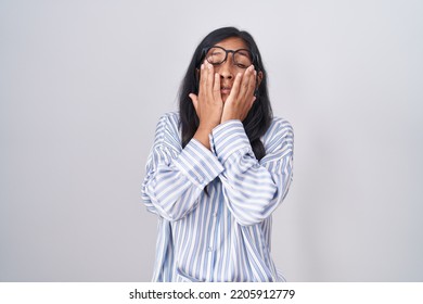 Young Hispanic Woman Wearing Glasses Rubbing Eyes For Fatigue And Headache, Sleepy And Tired Expression. Vision Problem 