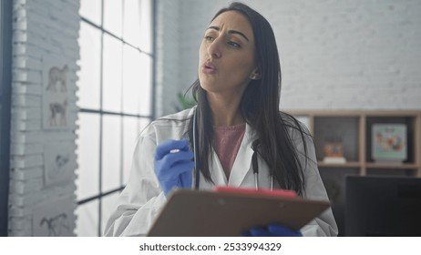 A young hispanic woman wearing a lab coat stands pensively in a medical clinic holding a clipboard. - Powered by Shutterstock