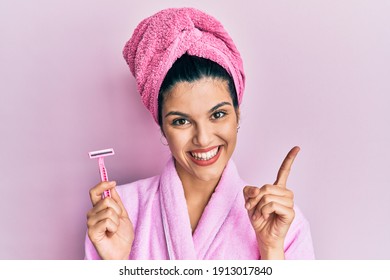 Young Hispanic Woman Wearing Shower Bathrobe Stock Photo 1913017840 ...