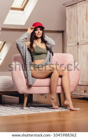 Young Hot Girl In Lingerie And Sweater Wearing New York Yankees Red Hat Looking Hot Young Hot Girl In Lingerie And Sweater Wearing New York Yankees Red Hat Looking Hot