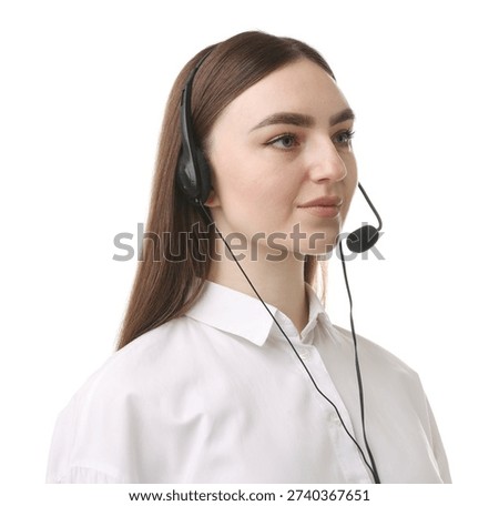 Young hotline operator in headset on white background