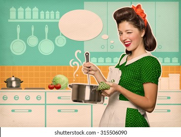 Young housewife cooking soup in her kitchen room with speech bubble.Reto style poster on old paper - Powered by Shutterstock