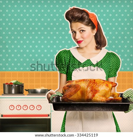 Young housewife holding roasted chicken in her hands.Retro kitchen room on old texture paper for text