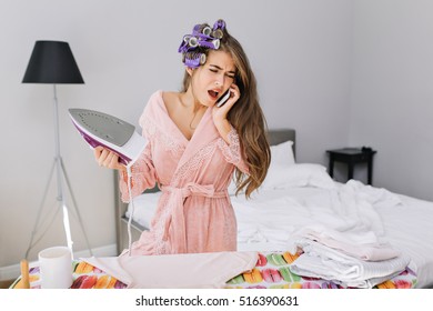 Young Housewife Long Hair Pink Bathrobe Stock Photo (Edit Now) 516390631