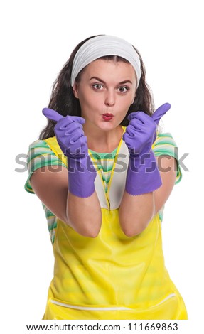 Young housewife rejoices lives isolated on a white background