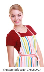 Young Housewife Wearing Kitchen Apron Or Small Business Owner Entrepreneur Barista Shop Assistant. Studio Picture Isolated On White