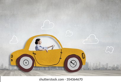 Young Humorous Woman Driving Drawn Funny Car