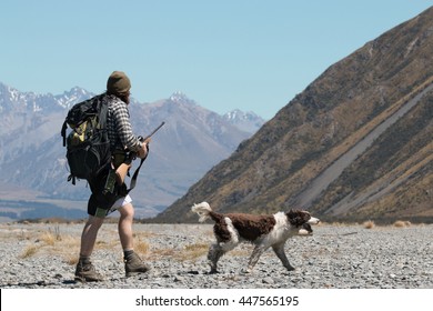 Young hunter and his dog, Canterbury, New Zealand