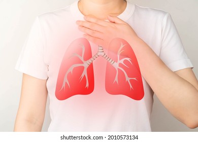 Young ill female have a cough and shortness of breath with lung organ symbol. Pulmonary disease include pneumonia, asthma, COPD, TB, lung cancer or respiratory tract infection.