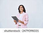 Young indian or arabic woman in business holding digital computer, looking at camera. Portrait of middle eastern Israel businesswoman using tablet pc online app for work isolated on white background.