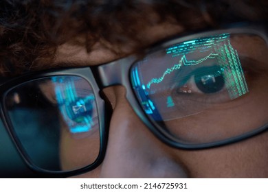 Young indian business man trader wearing glasses looking at computer screen with trading charts reflecting in eyeglasses watching stock trading market financial data growth concept, close up. - Shutterstock ID 2146725931