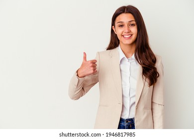 Young Indian Business Woman Isolated On White Background Smiling And Raising Thumb Up