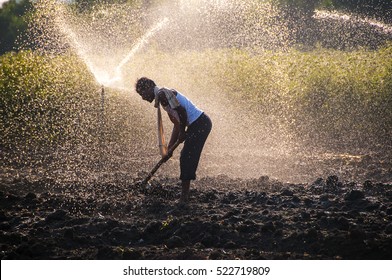 Young Indian Farmer Digging In the field in front of sprinklers, at sunset