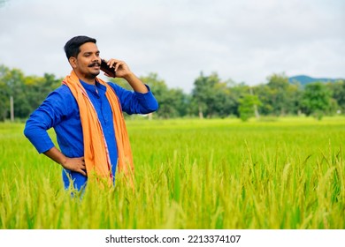 Young Indian Farmer Talking On Mobile Phone At Green Rice Field