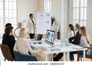 Young indian female speaker or coach stand make flip chart presentation for diverse employees in office. Confident ethnic businesswoman talk present project on whiteboard at meeting with workers.