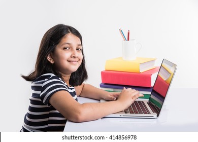 A Young Indian Girl Is Attending Online School Or Classes. Study In Lock Down As Schools Closed Due To Covid-19. Role Of Technology During Nationwide Lock Down. Learning At Home Concept In India