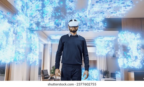 Young Indian Man Wearing a Virtual Reality Headset at Home. He Enters Digital Internet Universe, 3D Particles Transforming The Background. Next Generation Immersive Social Media Online Metaverse.