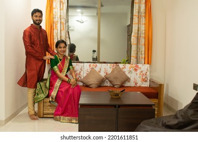 Young Indian Marathi Maharashtrian Traditional Couple At New Home. House Warming Party, Vastu Shanti, Sweet, Family, Dream, Festival, Celebration, Anniversary, Marriage, Gudhi Padwa, Diwali, Welcome.