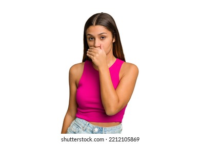 Young Indian Woman Isolated Cutout Removal Background Covering Mouth With Hands Looking Worried.