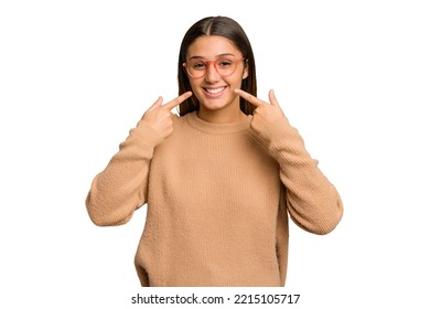 Young Indian Woman Isolated Cutout Removal Background Smiles, Pointing Fingers At Mouth.