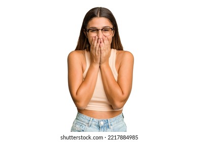 Young Indian Woman Isolated Cutout Removal Background Laughing About Something, Covering Mouth With Hands.