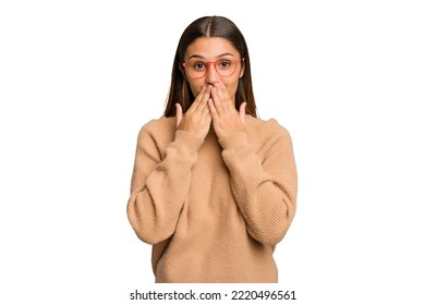 Young Indian Woman Isolated Cutout Removal Background Shocked Covering Mouth With Hands.