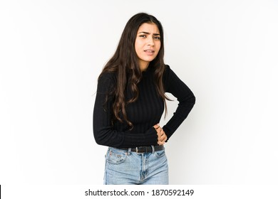 Young Indian Woman Isolated On Purple Background Having A Liver Pain, Stomach Ache.