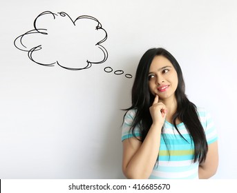 Young Indian Woman With Long Hair Thinking Bubble On White Background