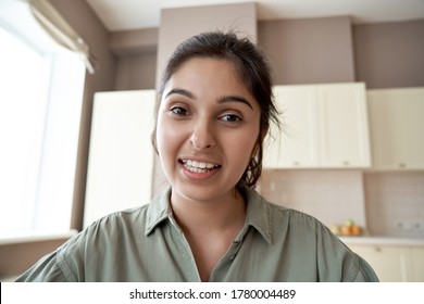 Young Indian Woman Online Teacher, Counselor, Remote Tutor Or Job Applicant Speaking Looking At Web Cam Giving Online Training, Virtual Class Lesson, Video Call Interview. Webcam View Face Headshot.