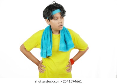 Young Indonesian man in yellow shirt tired holding towel to wipe sweat while exercising, concept of healthy lifestyle and burning calories with exercise, isolated on white background. - Powered by Shutterstock