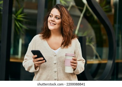 Young irish plus size girl using smartphone drinking coffee at the city. - Powered by Shutterstock