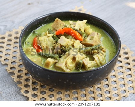 Young Jackfruit gravy or Sayur nangka or lodeh nangka or gulai nangka is Indonesian young jackfruit curry dish made of young jackfruit boiled in coconut milk and spices. served on bowl. selected focus