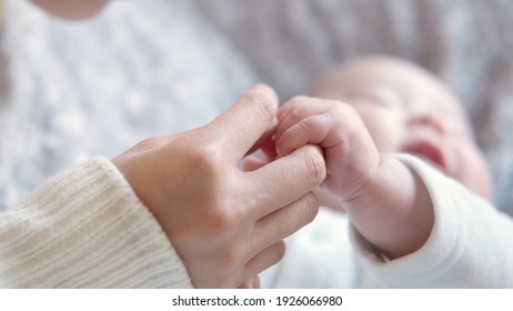 Young Japanese Mother Holding Baby's Hands