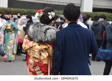 Young Japanese Women Wearing Traditional Kimono For The Coming Of Age Day Celebration.