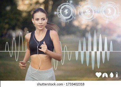 Young Jogger With Earphones Exercising And Listening To Music Outdoors. Collage With Health Info On Virtual Screen. Empty Space