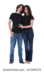 Young and joyful couple playing around with black shirts. The image can be used with some text applied on them.