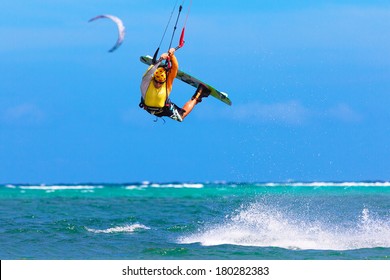 Young Kite Surfer On Tropical Sea Background Extreme Sport Kite Surfing