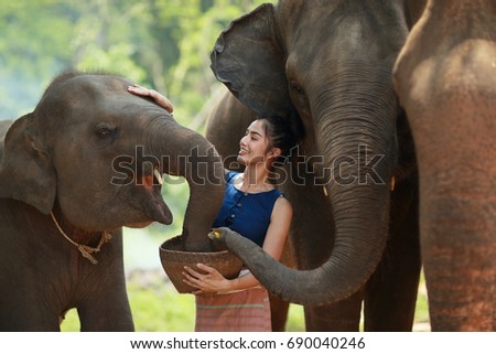 The young lady is feeding some food to her love friend elephants..
